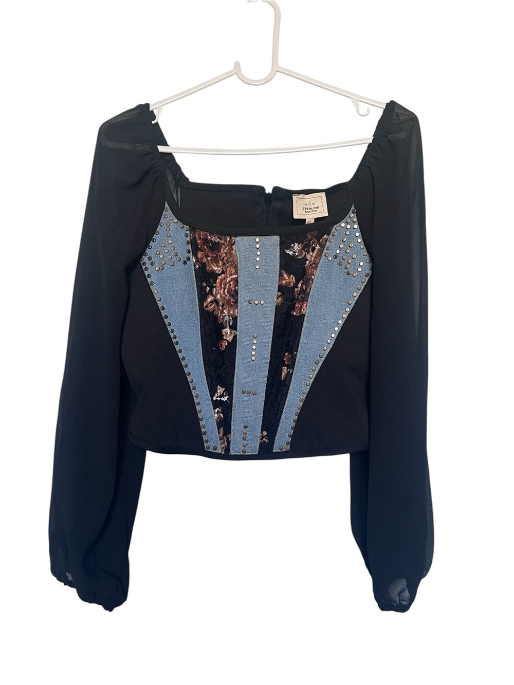 Sterling & Stitch Pieced Denim Corset Cropped Top Small